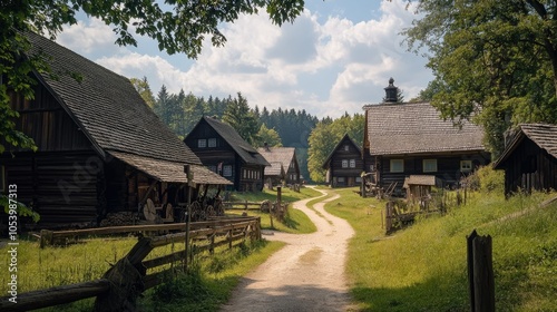 A picturesque view of the Open Air Museum Lehde showcasing traditional wooden houses, cultural artifacts, and handmade crafts, reflecting local daily life photo