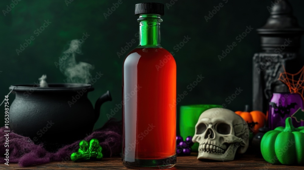 Obraz premium Halloween Potion in Glass Bottle with Spooky Props