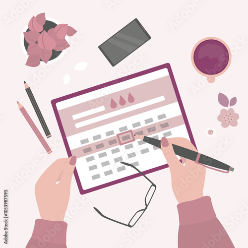 Female character write period calendar, menstrual periods or menstruation day plan. Menses check schedule, women health or pregnancy planning. Top view,