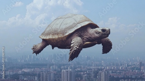 Majestic turtle in the sky over a city, a surreal and magical view merging nature with urban landscape photo