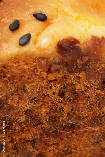 Soft savory bread topped with sesame seeds and coated with shredded beef floss on both sides. Photographed against a white background, offering a deliciously textured look.