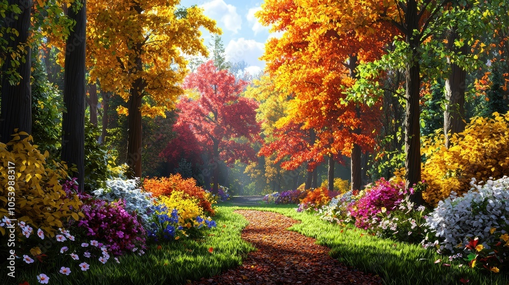 Tranquil Forest Path Through Maple Trees Tranquil Forest Path Through Maple Trees