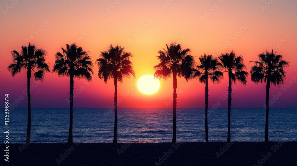 A row of palm trees silhouetted against the backdrop of a glowing sun, with a gradient sunset sky creating a calm beach atmosphere. A row of palm trees silhouetted against the backdrop of a glowing sun, with a gradient sunset sky creating a calm beach atmosphere.