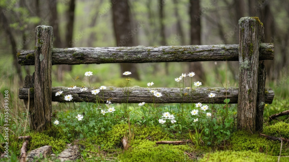 A rustic wooden fence in a green meadow, surrounded by wildflowers and gently swaying grass, evoking a peaceful, countryside scene A rustic wooden fence in a green meadow, surrounded by wildflowers and gently swaying grass, evoking a peaceful, countryside scene