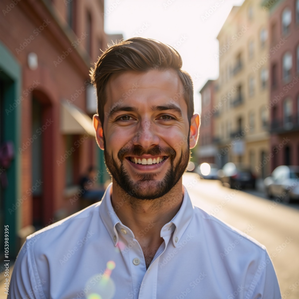Obraz premium A cheerful bearded gay man captured in a casual urban scene bathed in warm natural light