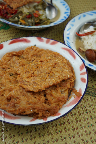 A lunch set with creamy coconut milk vegetable stew (sayur lodeh), red chili sambal, fried tempeh, and fried egg. The stew includes long beans (Vigna unguiculata) and young jackfruit (Artocarpus heter