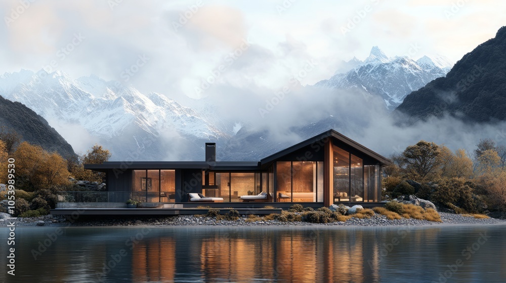 Fototapeta premium Modern house by a serene lake with mountains in the background.