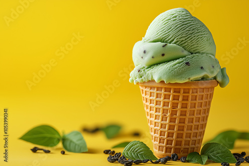 Minty Delight. playful and refreshing image of green ice cream in a cone against a bright yellow background  