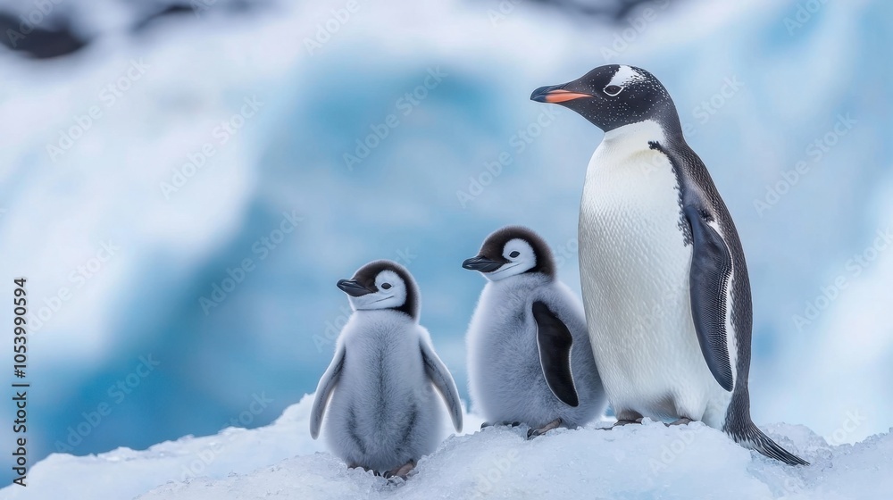 Obraz premium Penguin family in a watercolor style on an icy landscape, with soft blues and whites.