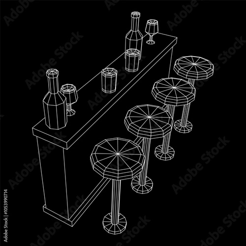 Bar counter with stools, bar top with bottles and glasses. Wireframe low poly mesh vector illustration.