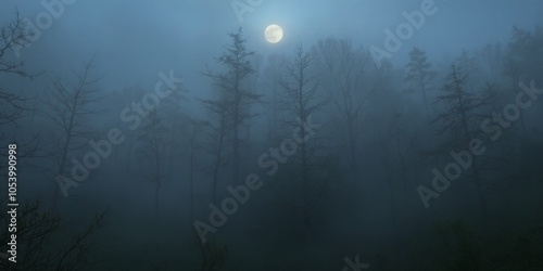 A misty forest scene with a bright moon shining through.