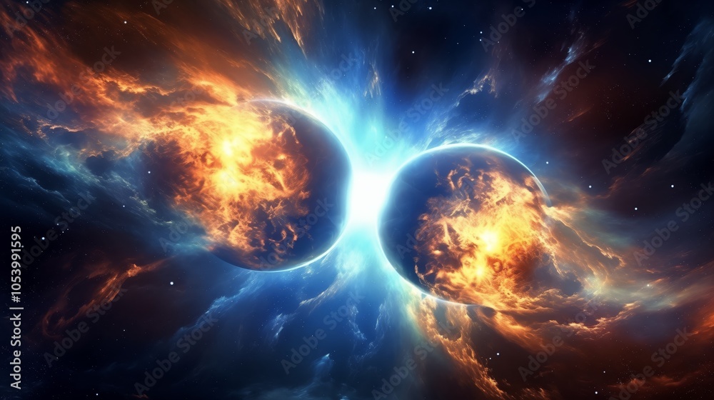 Fototapeta premium Epic Collision of Twin Planets with Fiery Impact in Deep Space - made with Generative AI