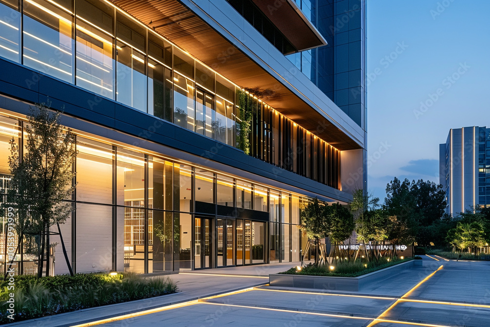 Fototapeta premium Modern Office Building Entrance at Night