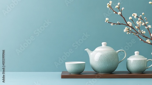 Wallpaper Mural Elegant Teapot and Cups with Blossom Branch Torontodigital.ca