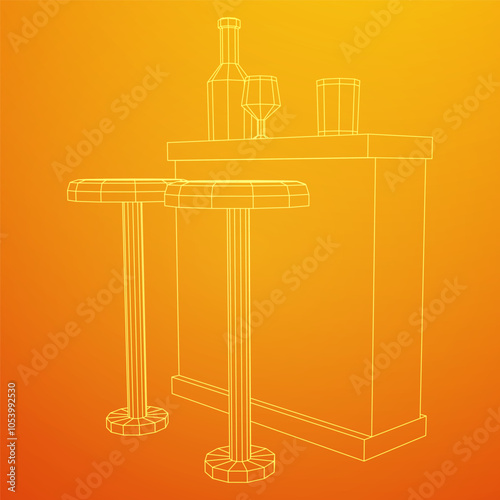 Bar counter with stools, bar top with bottles and glasses. Wireframe low poly mesh vector illustration.
