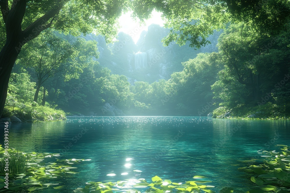 Fototapeta premium Tranquil lake surrounded by lush greenery and mountains during a serene morning light