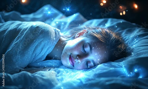 A peaceful girl sleeping surrounded by sparkling blue light.