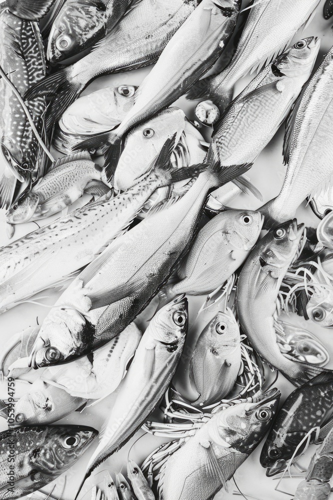 Obraz premium Large collection of fish are displayed in a black and white photo. The fish are of various sizes and shapes, and they are arranged in a way that creates a sense of depth and movement
