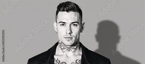 Modern tattooed gay man with piercings featured in an intricate vector portrait set against monochromatic background photo