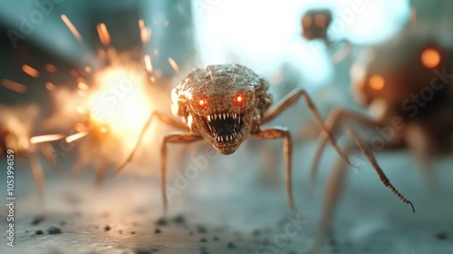 A terrifying insectoid creature with glowing red eyes advances in a fiery background, suggesting an impending alien invasion or battle in this sci-fi thriller. photo