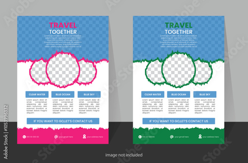 Template design for a modern travel flyer. 2 colorful Travel flyer template for travel agency....