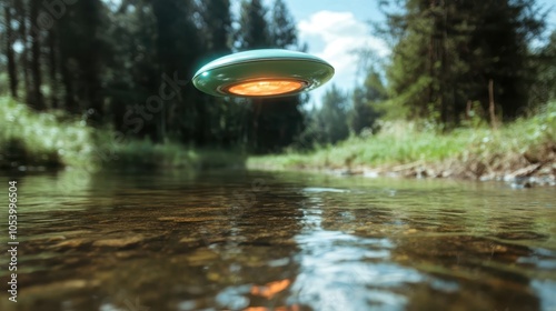 A mysterious UFO is seen hovering over a tranquil forest river, representing the intrigue and wonder of unknown phenomena in a serene natural setting. photo