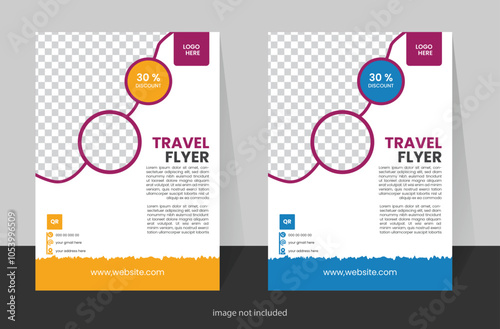 Vacation travel brochure flyer design template. 2 colorful Travel flyer template for travel agency...