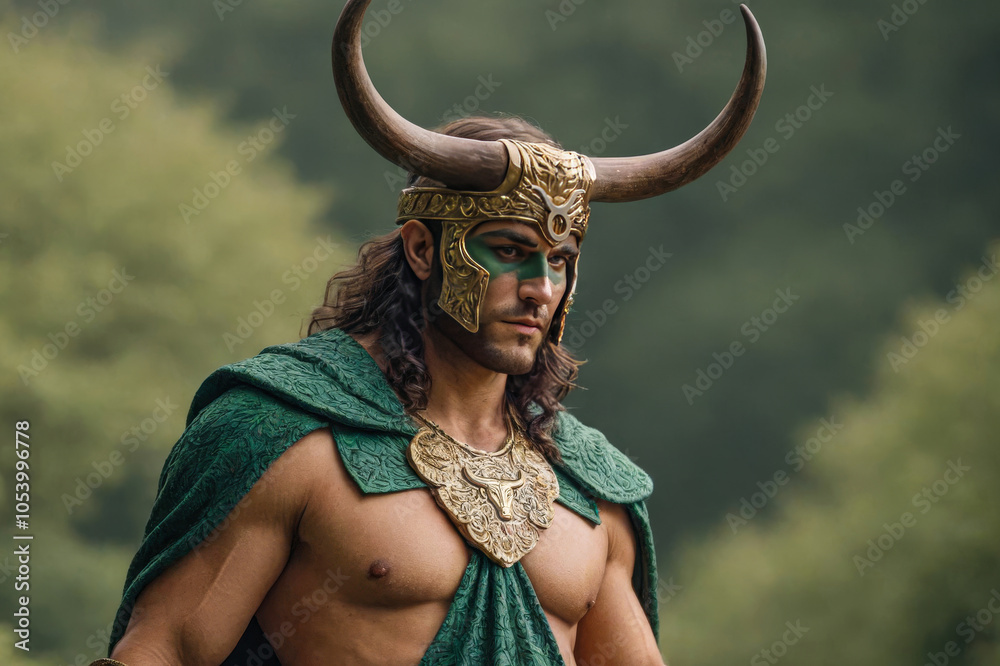 Strong Taurus Muscular warrior embodying Taurus zodiac symbol with bull horns ...