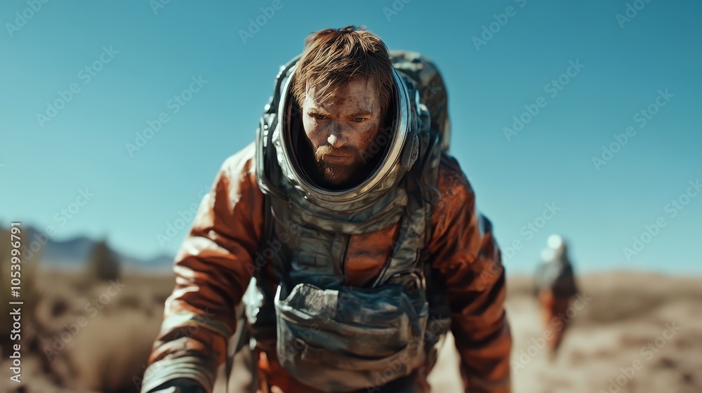A fatigued astronaut in a dusty, orange space suit slowly traverses a desolate desert landscape, embodying endurance and solitude under the expansive sky. A fatigued astronaut in a dusty, orange space suit slowly traverses a desolate desert landscape, embodying endurance and solitude under the expansive sky.