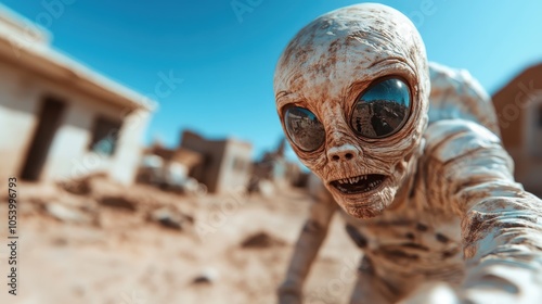 An eerie alien being in a weathered space suit roams through an old settlement, highlighting themes of exploration, desolation, and the unknown. photo