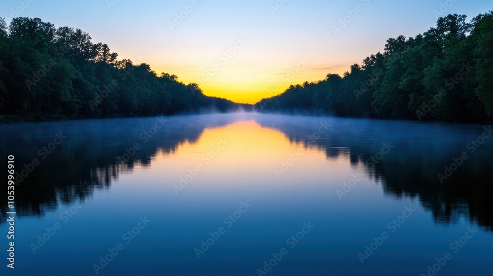 Obraz premium Fog Creeping Over Serene River at Dawn