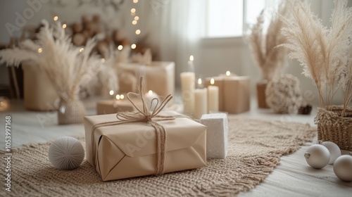 Cozy room with candles and gift boxes. Winter cozy Christmas Eve. There are light bulbs in the room. Panorama banner Scandinavian style.