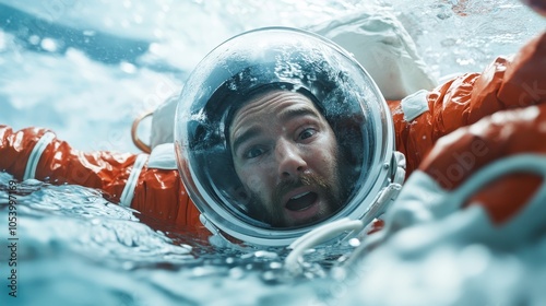 A dramatically framed portrait captures an astonished astronaut in a space suit submerged underwater, highlighting themes of exploration and the unknown universe. photo