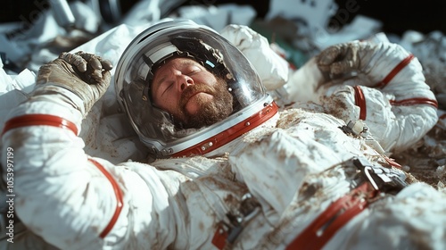 An image depicts a bearded astronaut appearing to hibernate amidst space debris, creating a sense of vulnerability, isolation, and surrender to the cosmic environment. photo