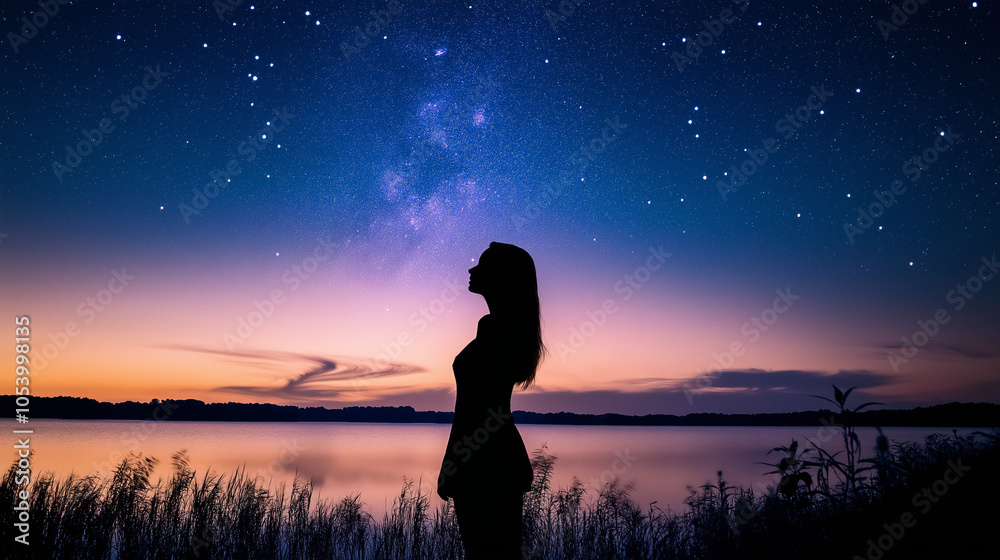 Fototapeta premium Silhouette of woman looking up at stars in the night sky with a lake in the foreground. Dreamy concept of hope, inspiration, and the cosmos.