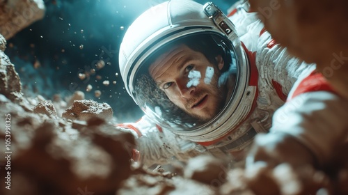 An astronaut, half-burrowing through loose lunar soil under starlit sky, embodies perseverance and the eternal quest for knowledge within a captivating alien structure.