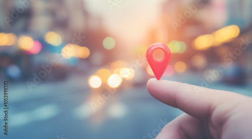 Mano che tiene in mano il simbolo della posizione GPS. Trovare la strada. Chiedere aiuto al navigatore. Geolocalizzazione. photo