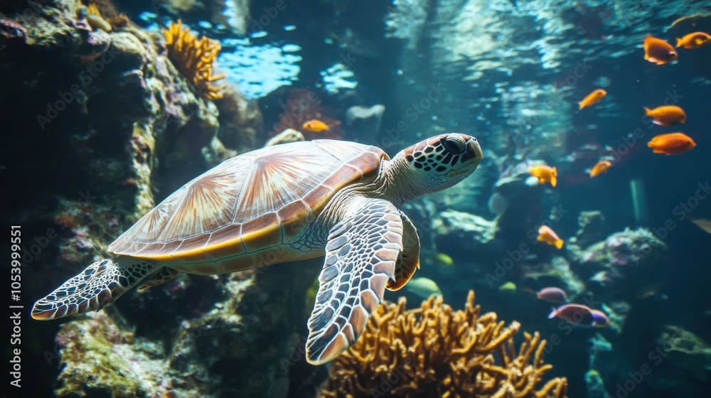 Obraz premium Turtle swimming among colorful coral, with vibrant fish and sea plants in an underwater paradise.