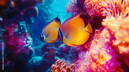 An Elegant Gathering of Threadfin Butterflyfish (Chaetodon auriga) in a Picturesque Coral Habitat, Showcasing Marine Life Beauty