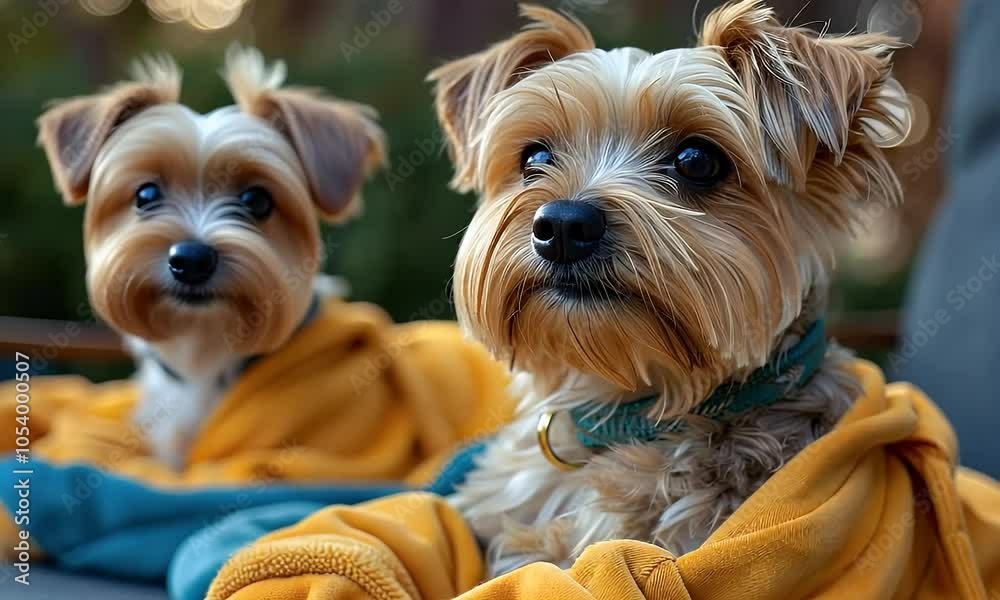 Two Yorkshire Terriers in Yellow Hoodies Two Yorkshire Terriers in Yellow Hoodies