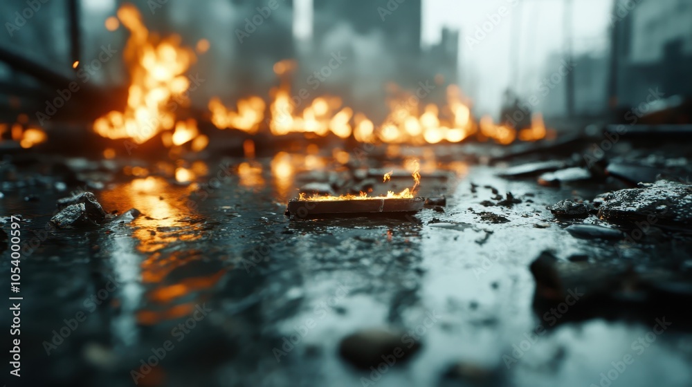 Ruins ignite amidst the remnants of a city, casting reflections in the wet ground. The chaos and destruction speak volumes of turmoil enveloping the forsaken scene. Ruins ignite amidst the remnants of a city, casting reflections in the wet ground. The chaos and destruction speak volumes of turmoil enveloping the forsaken scene.