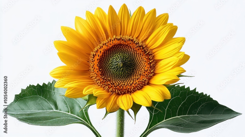 Obraz premium A vibrant sunflower with green leaves against a light background.