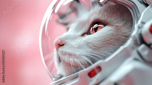 A white cat donned in a sleek space helmet exudes determination while gazing upwards, enveloped in soothing pastel hues of pink and white undertones. photo