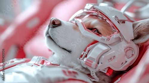 A dog wearing an astronaut helmet poses against a pink backdrop, offering a whimsical blend of realism and fantasy, embracing exploration and curiosity. photo