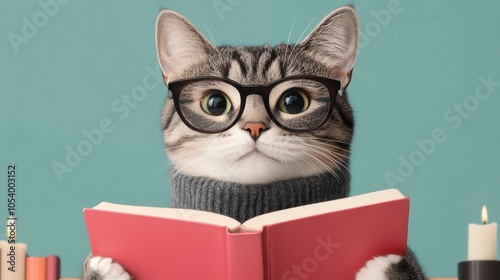 Cartoon Cat Reading a Book with Glasses