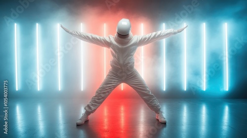 A dancer clad in futuristic attire strikes a dynamic pose amid a vibrant backdrop of blue and red neon lights, reflecting energy and artistic expression. photo