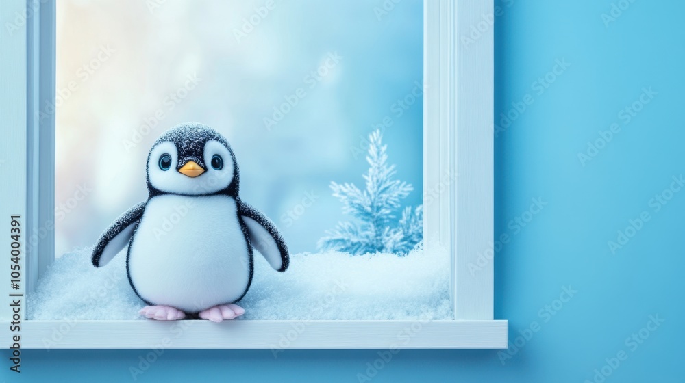 Obraz premium White frame on wall, with a penguin doll looking out a frosty window, creating a cozy winter feel
