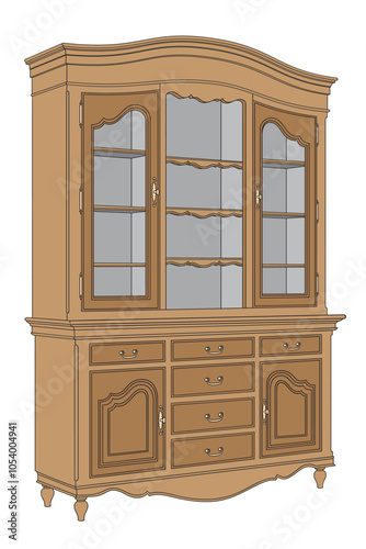 Kitchen cabinet sideboard for dishes in classic style isolated on white background