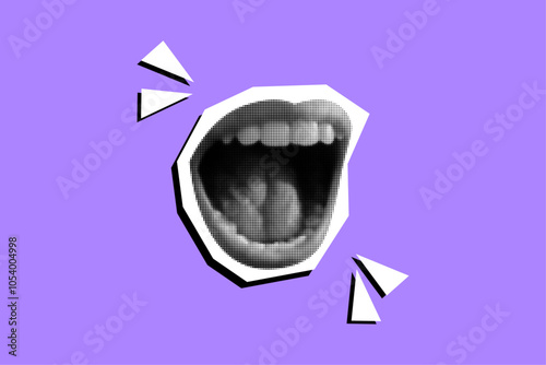 Halftone textured open mouth in a collage style with abstract triangles on purple background. Pop art screaming lips poster, expression punk design  illustration. Vector