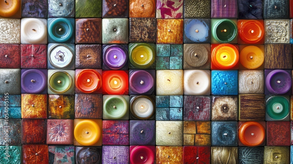 Fototapeta premium Colorful mosaic of candles with different colors and sizes. Concept of warmth and coziness, as the candles are arranged in a way that creates a visually appealing and inviting atmosphere